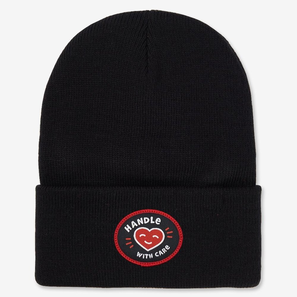 Handle with Care black cuffed beanie